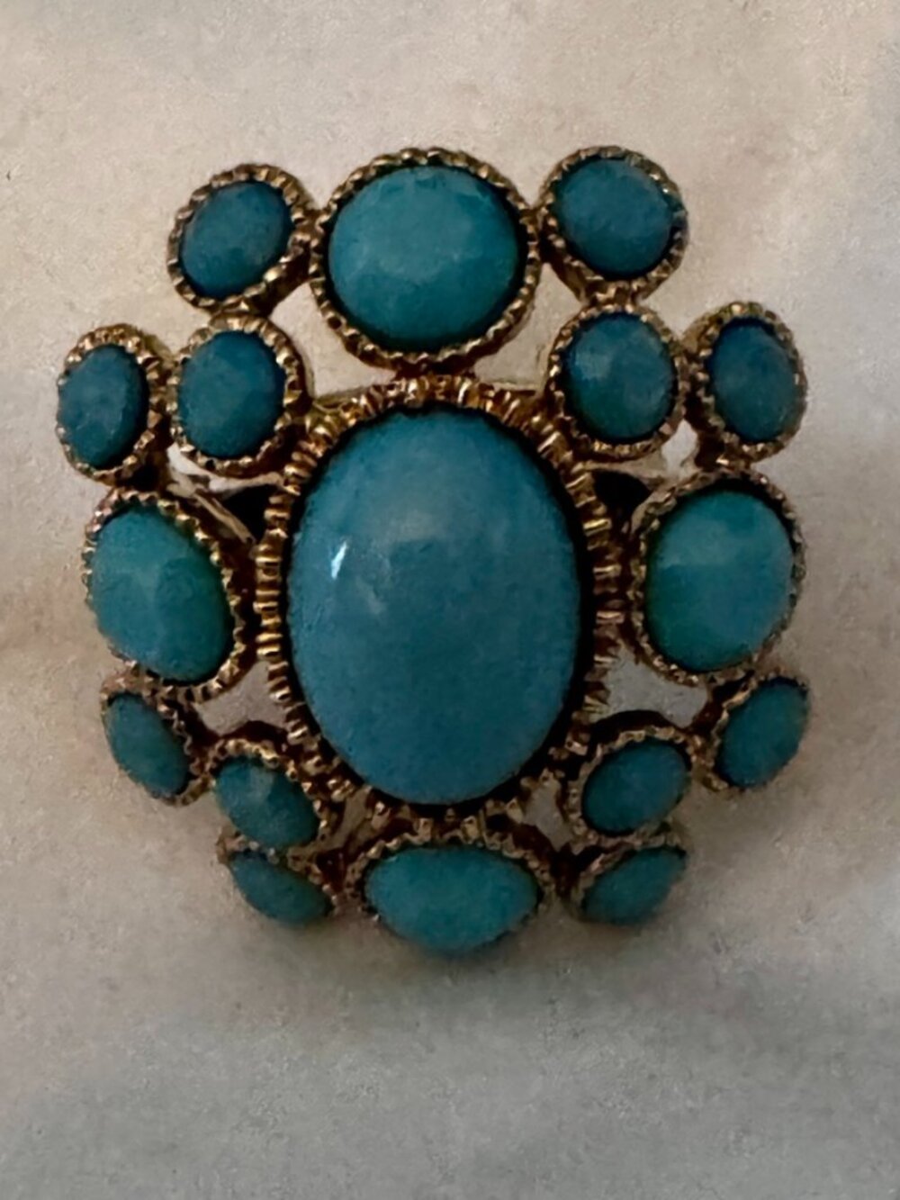 Bold Turquoise Statement Ring, Cluster Design, Gold-Tone Setting